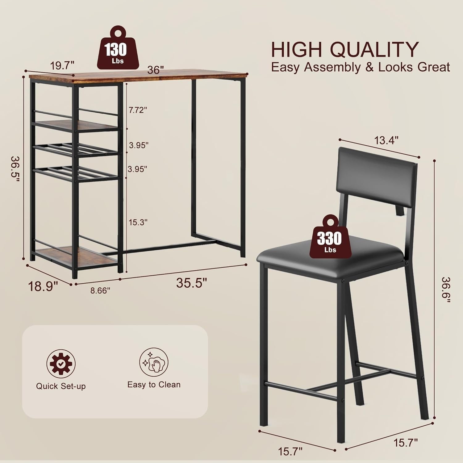 3-Piece Bar Table Set with Wine Racks and 2 Stools Metal Frame Dining Set