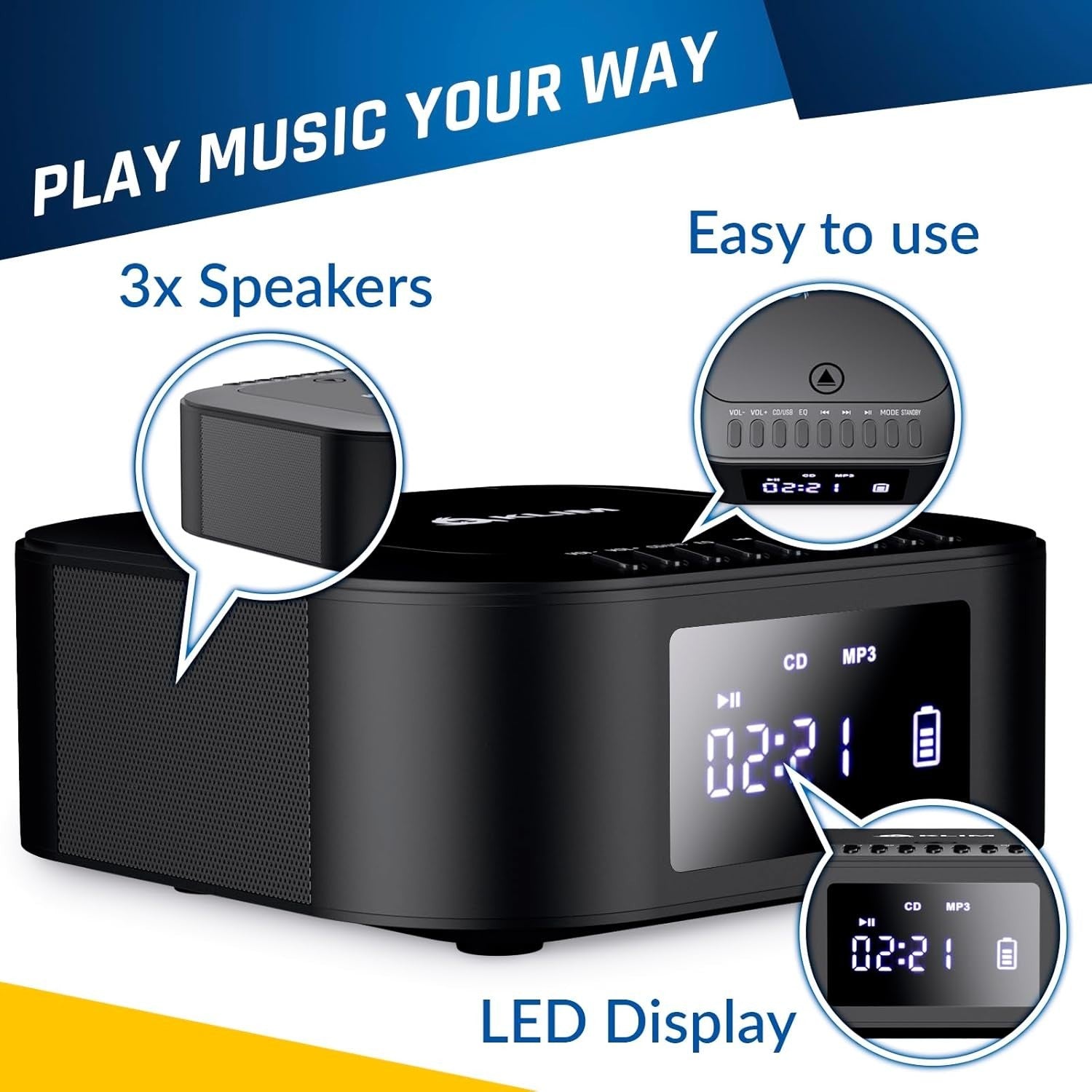 Portable CD Boombox Bluetooth Subwoofer FM Radio USB AUX Rechargeable