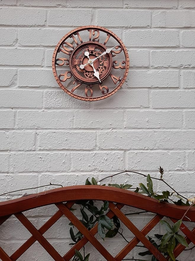 Large Outdoor Garden Wall Clock 30cm Vintage Copper Gear Design Rustic Quartz
