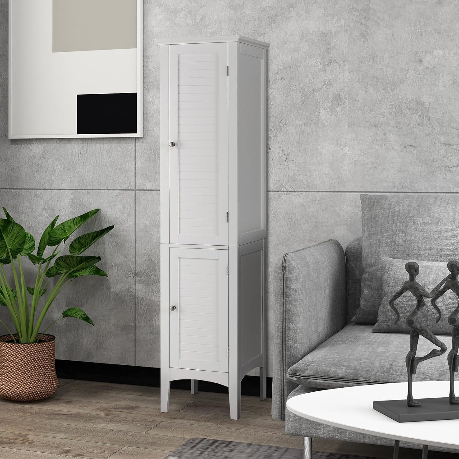 White Tall Bathroom Cabinet with 5 Shelves & Doors Freestanding Storage