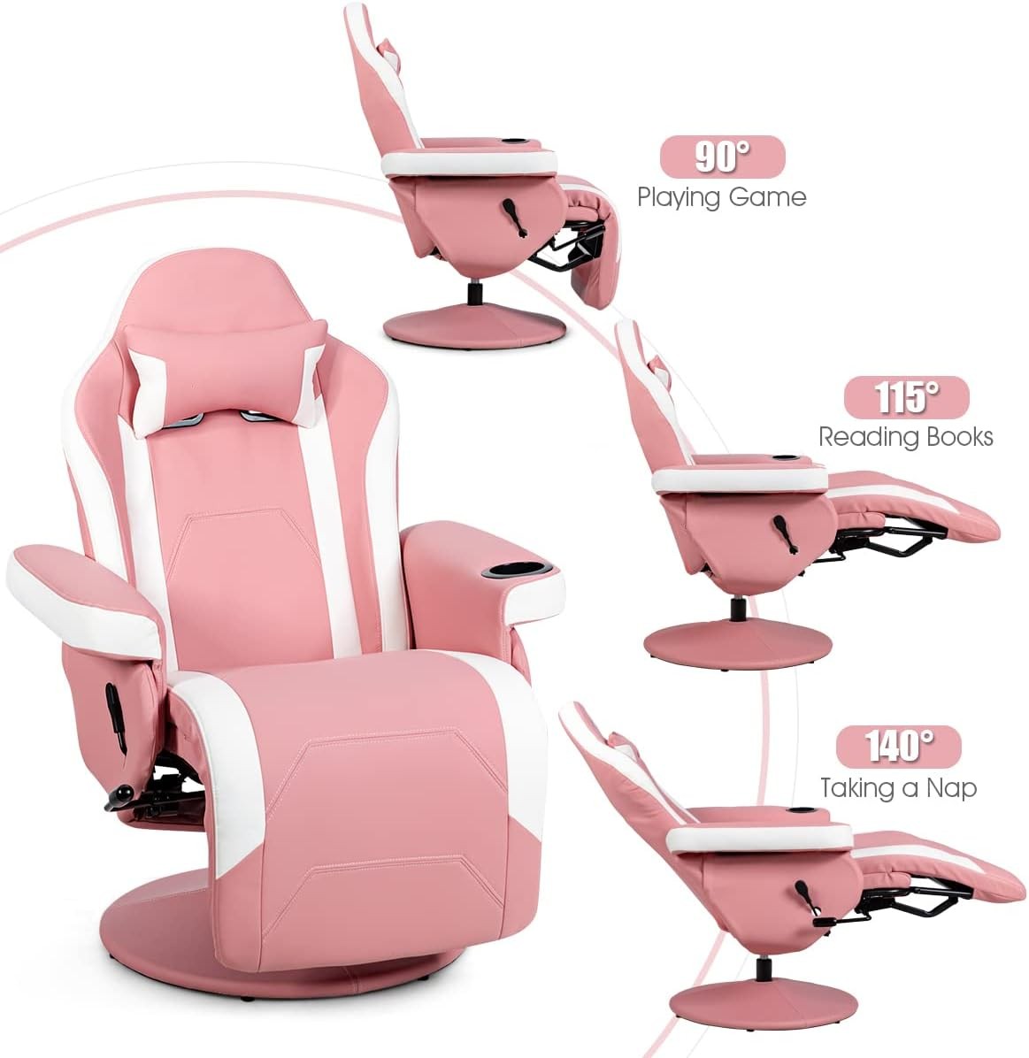 Massage Gaming Chair Recliner w/ Footrest Cup Holder Pink PU