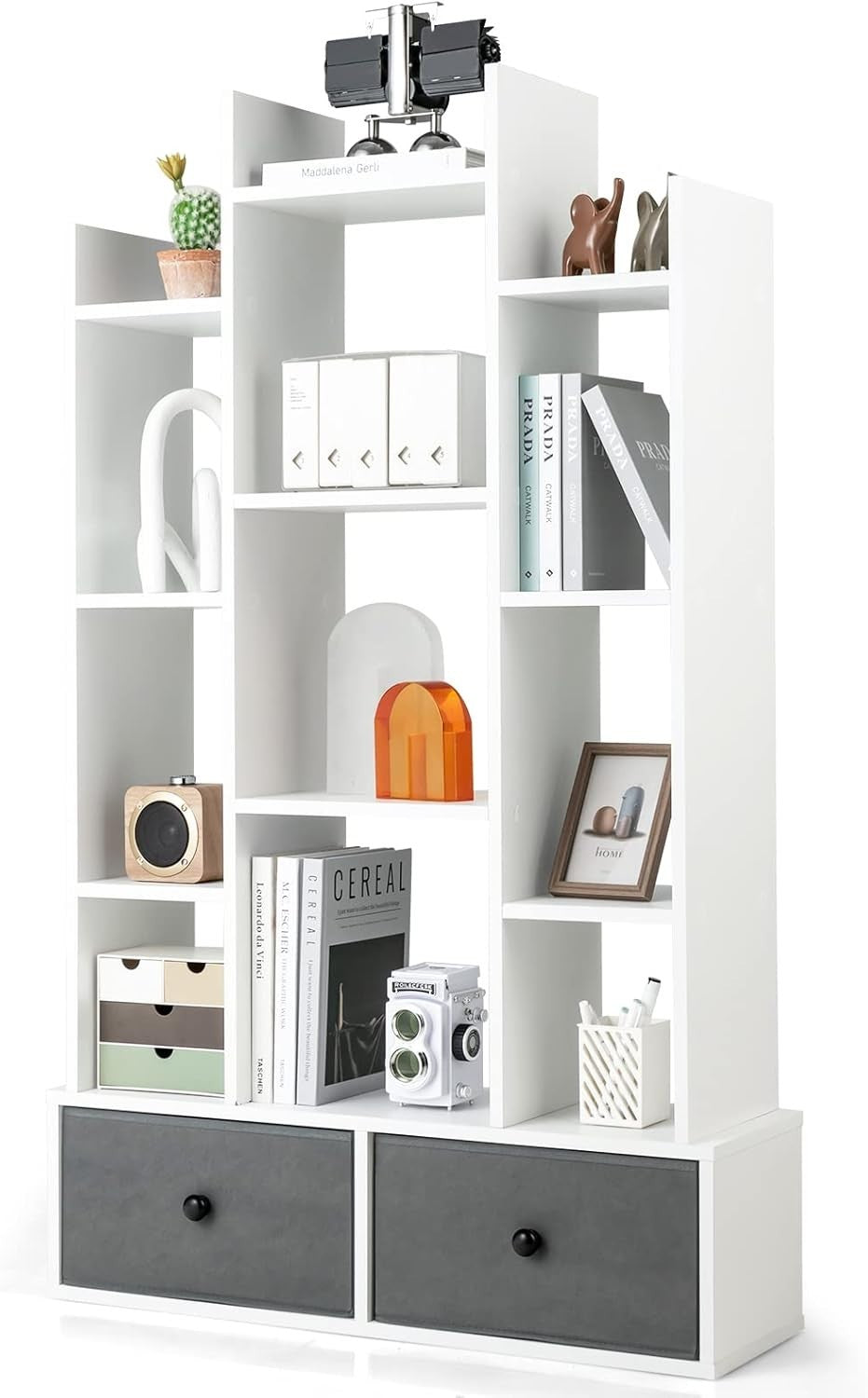 12-Tier White Wooden Bookshelf with 2 Foldable Drawers, Waterproof Storage