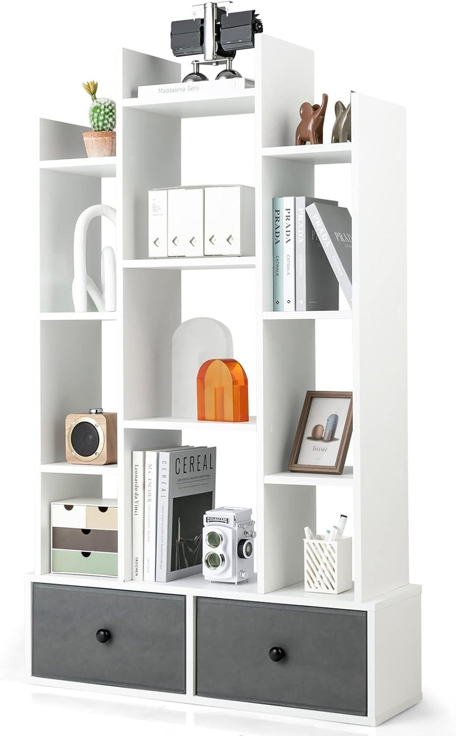 12-Tier White Wooden Bookshelf with 2 Foldable Drawers, Waterproof Storage