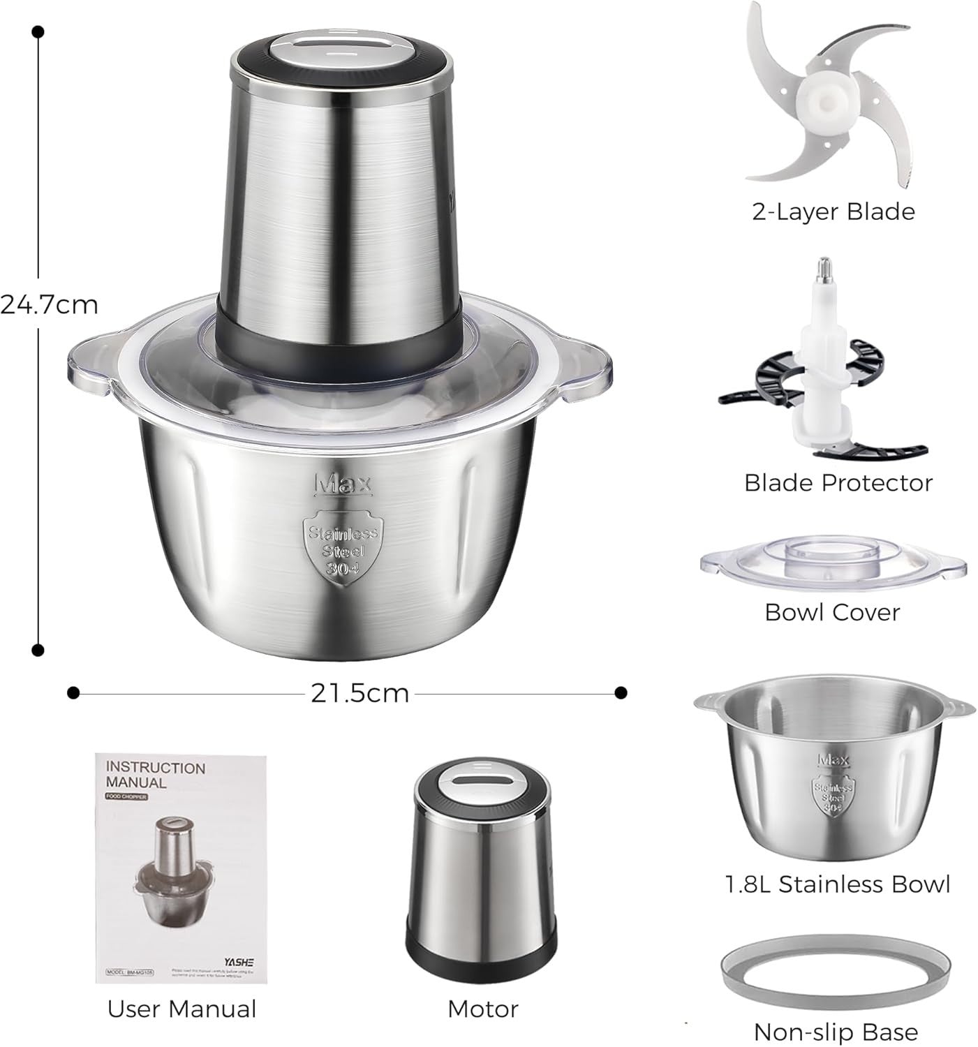 500W Mini Food Chopper 1.8L Stainless Steel Meat Grinder 2 Speed