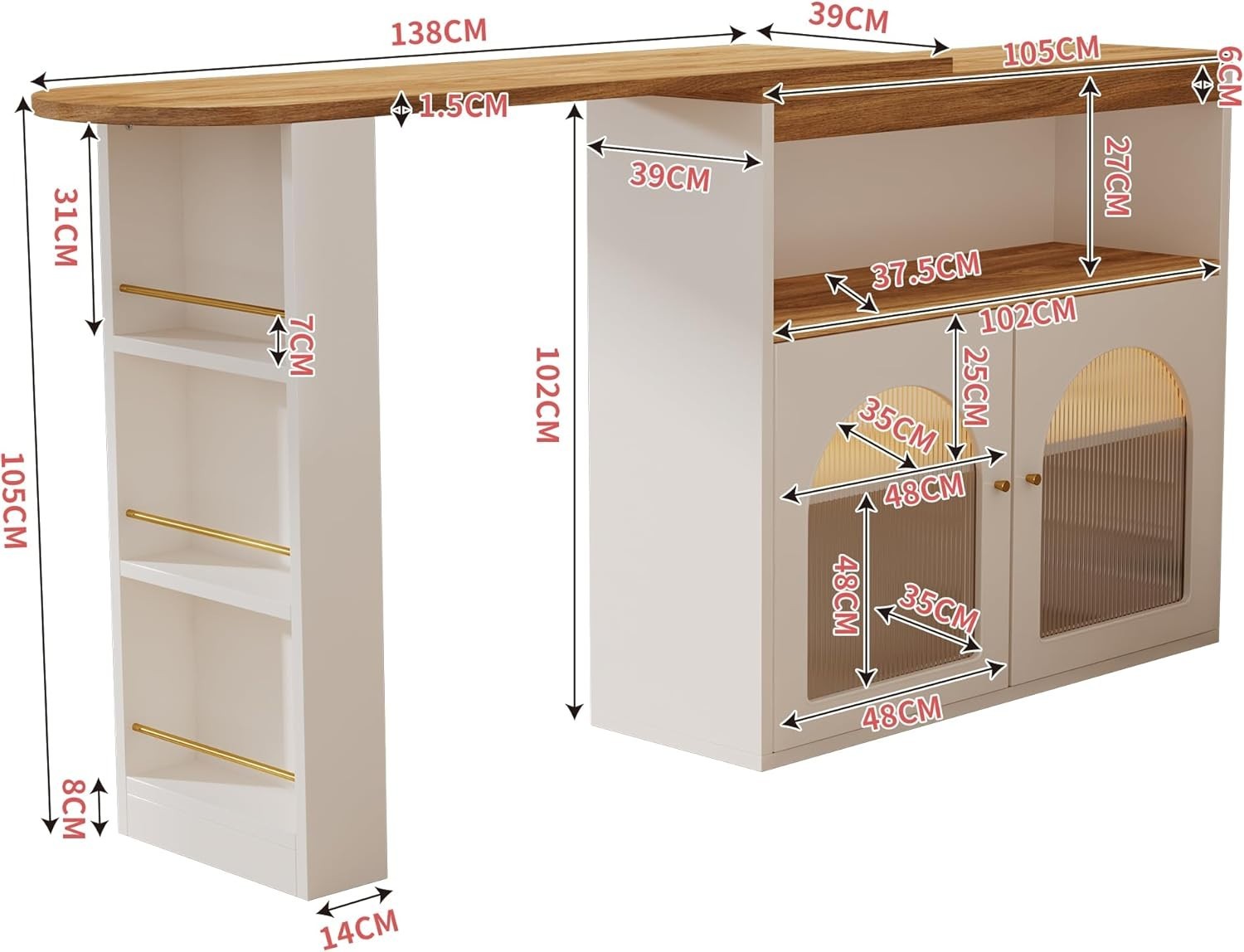 Extendable White Bar Table w/ LED Storage Cabinet Shelves 138×39×105cm Furniture