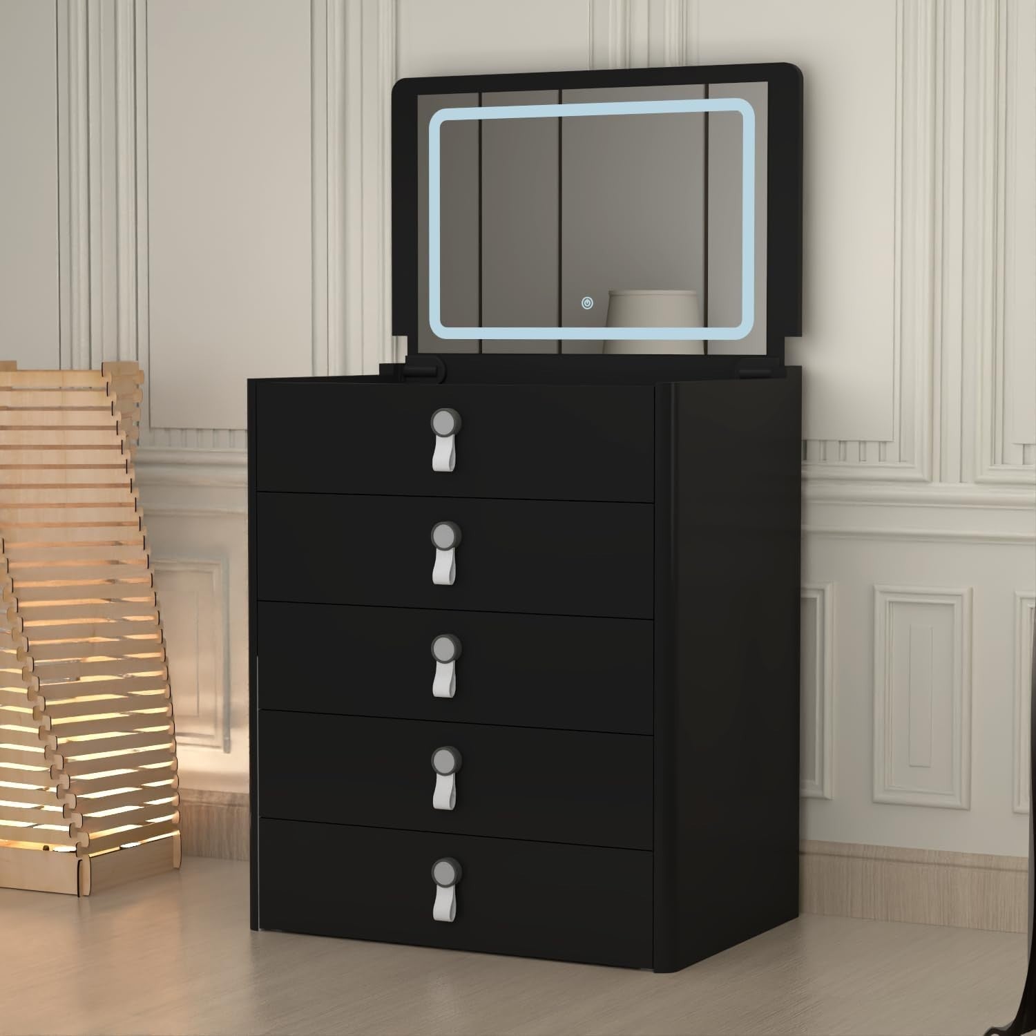 Black High Gloss Dressing Table Vanity Desk Mirror 5 Drawer Storage Stool Set