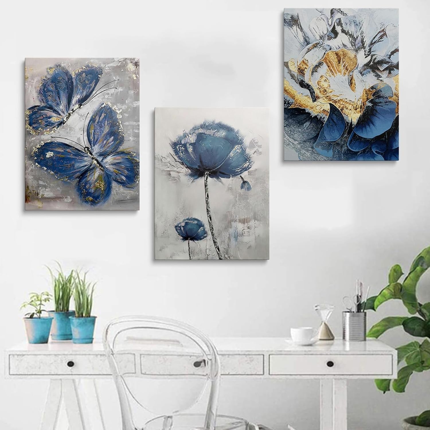 Blue Butterfly Wall Art Set of 3 Framed Canvas 12x16in