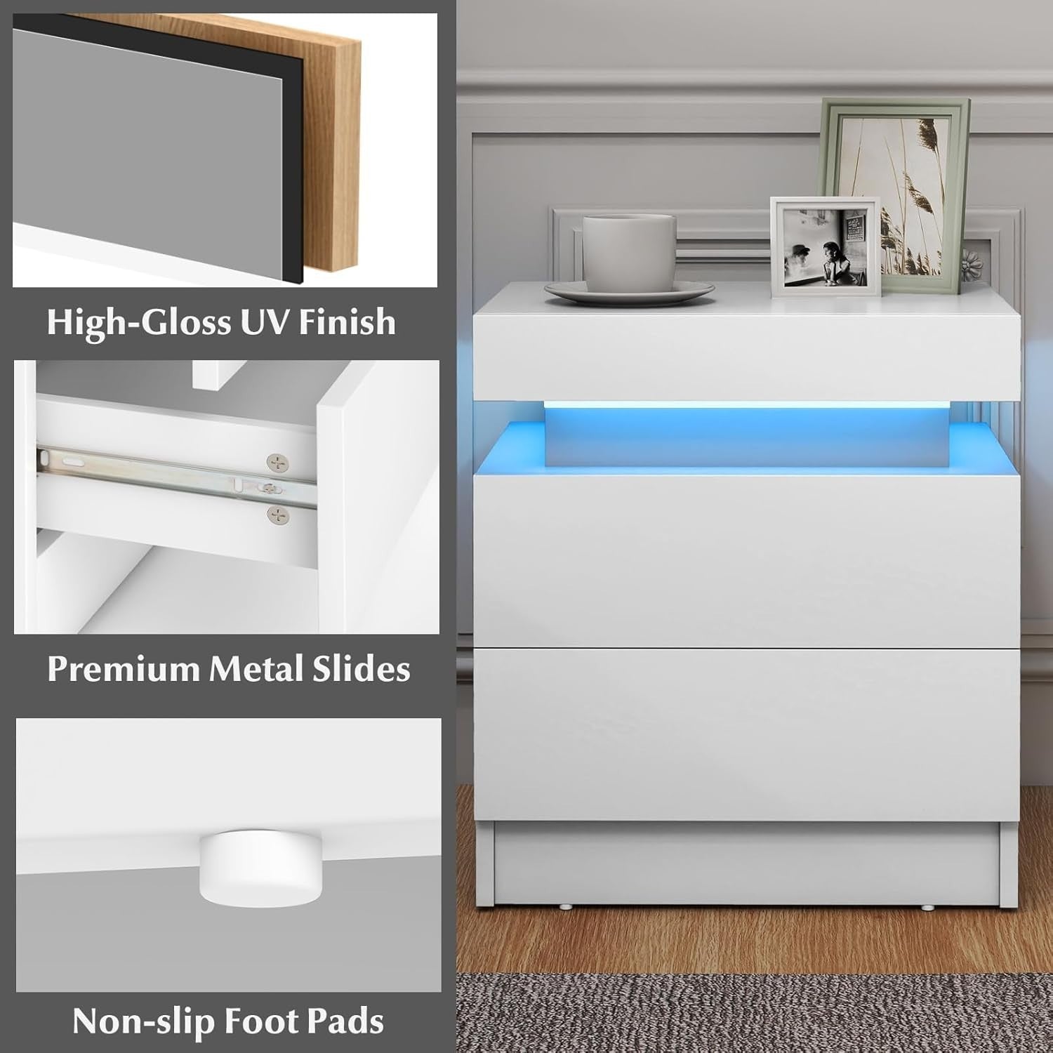 White LED Bedside Table with 2 Drawers, High Gloss Finish & Remote Control Light