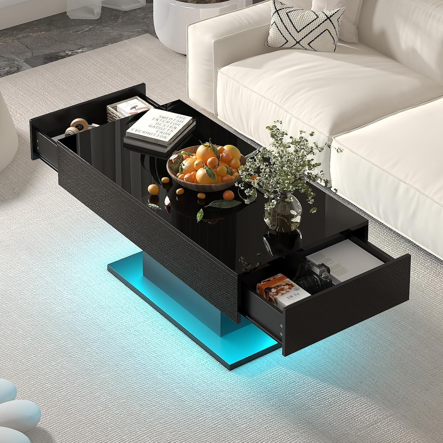 Modern LED Coffee Table with 2 Drawers, High Gloss Black 110x55cm