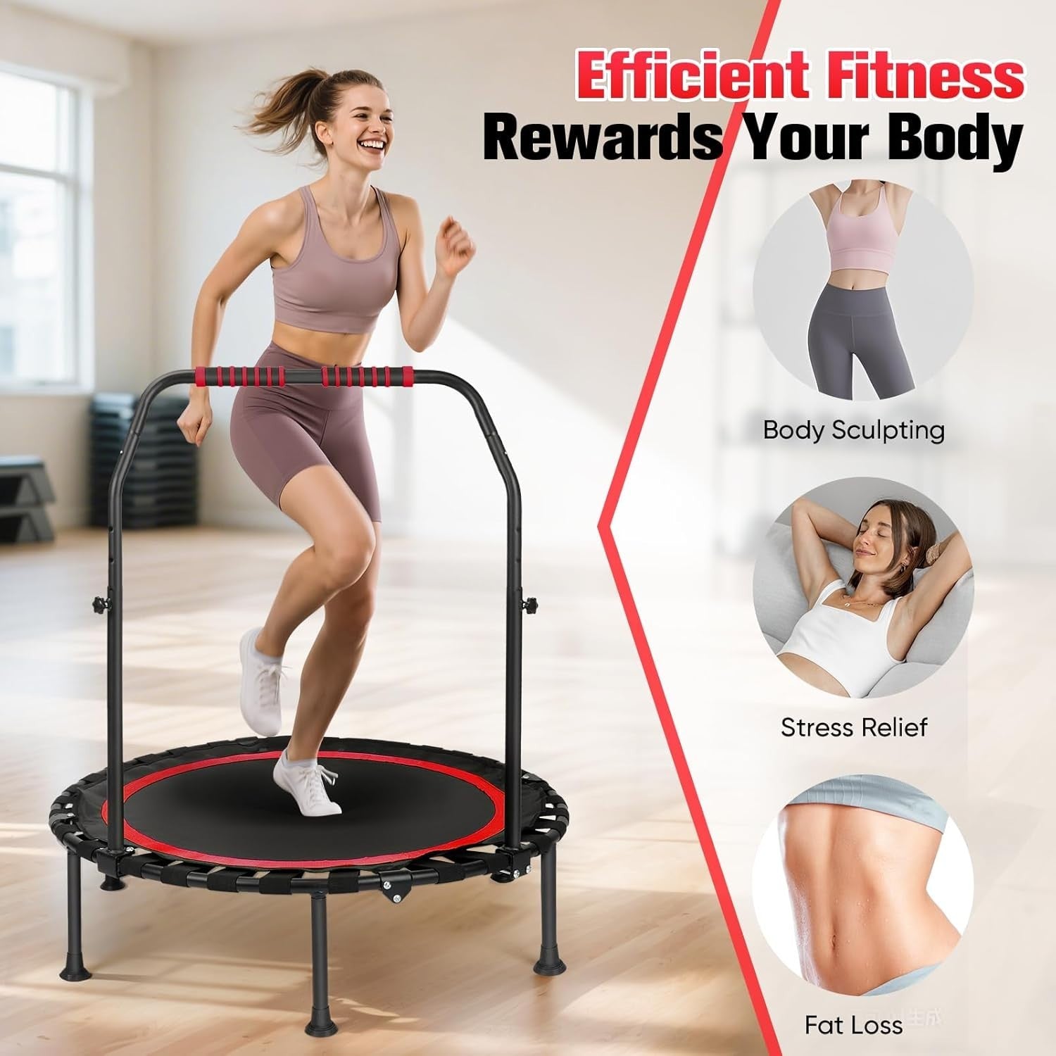 Foldable Fitness Trampoline Indoor w Adjustable Grab Bar Quiet 150kg
