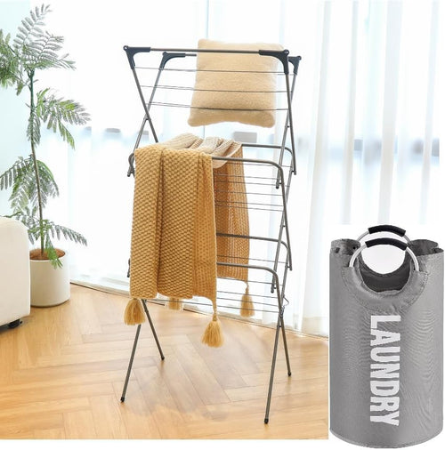 3 Tier Laundry Drying Rack with Removable Basket Fold Flat Indoor Stand