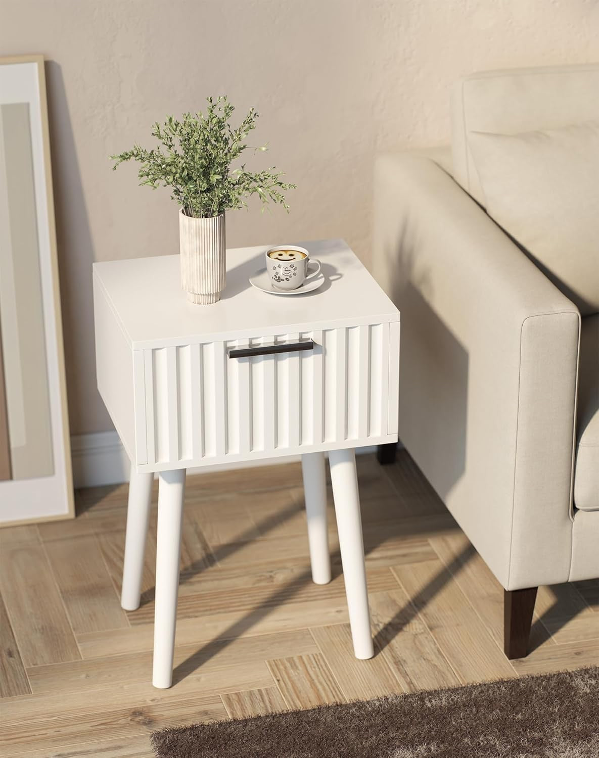 Set of 2 White Fluted Bedside Tables – Modern Nightstands with Drawer & Tall Leg