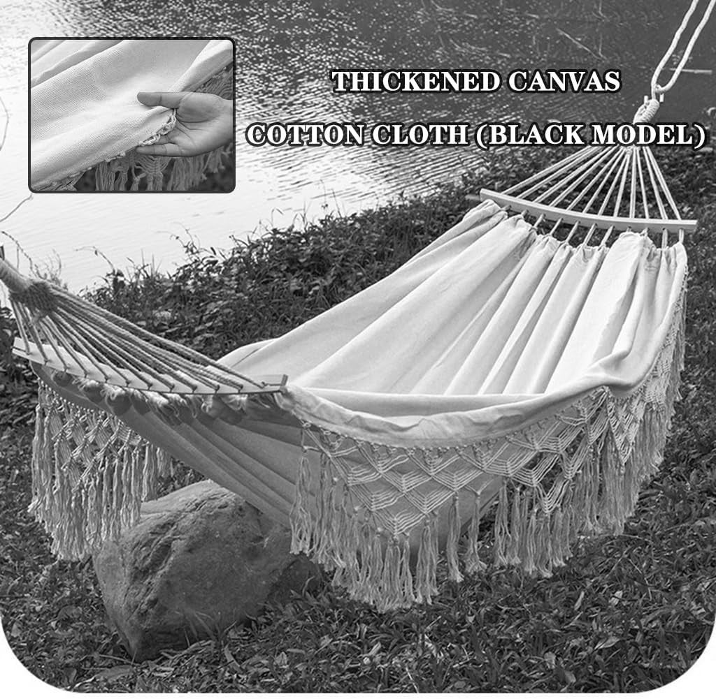 Double Canvas Hammock with Tassels, Anti-Rollover Arc Pole, 2-Person Outdoor
