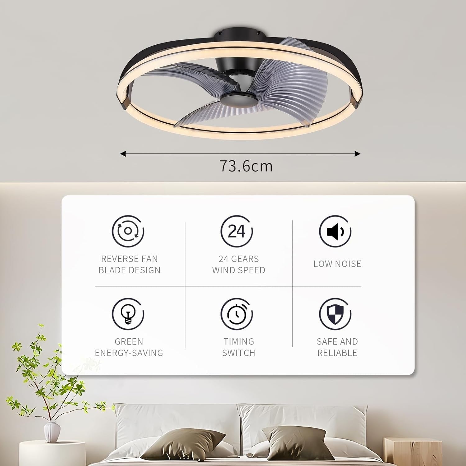73CM Smart LED Ceiling Fan Light, Stepless Speed & Dimming, Black Matte