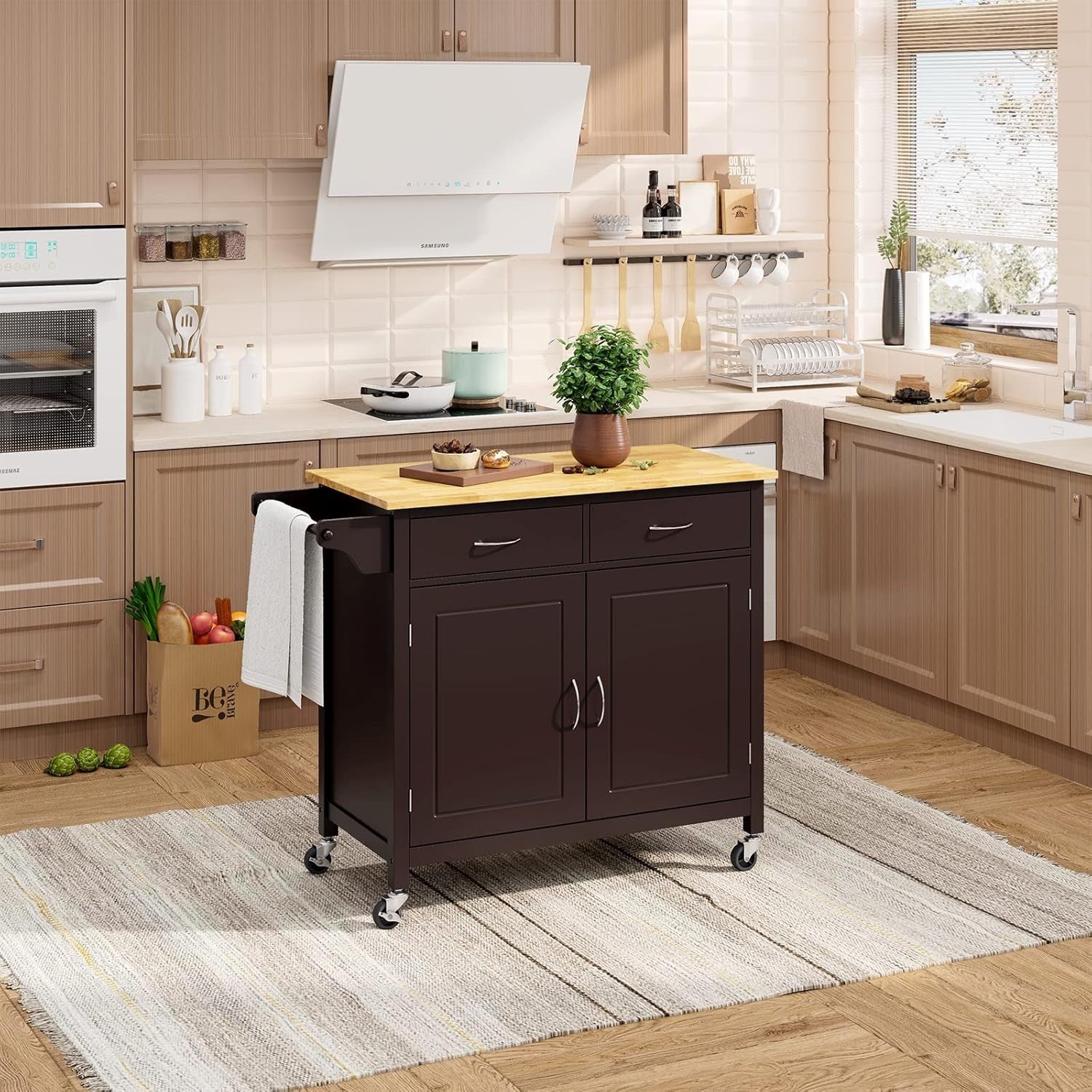 Rolling Kitchen Island Cart with 2 Drawers, Adjustable Shelf & Towel Rack.