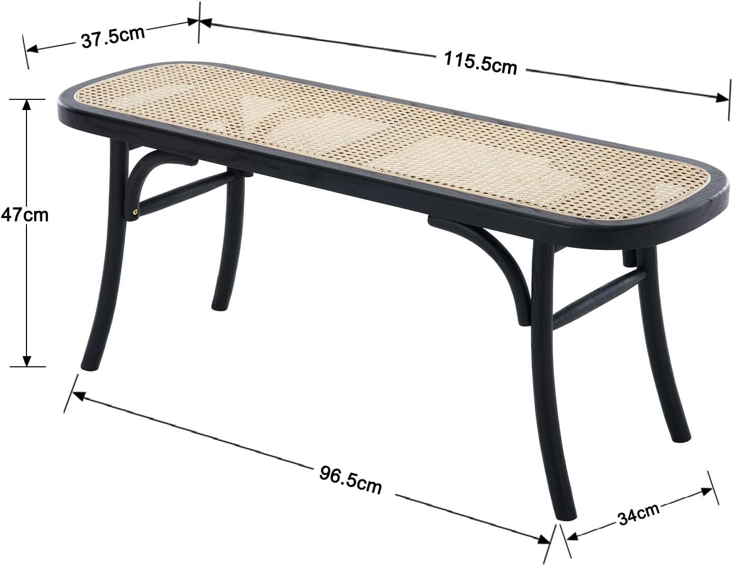Black Rattan Ottoman Bench with Wood Legs – Retro Dining & Hallway Seat