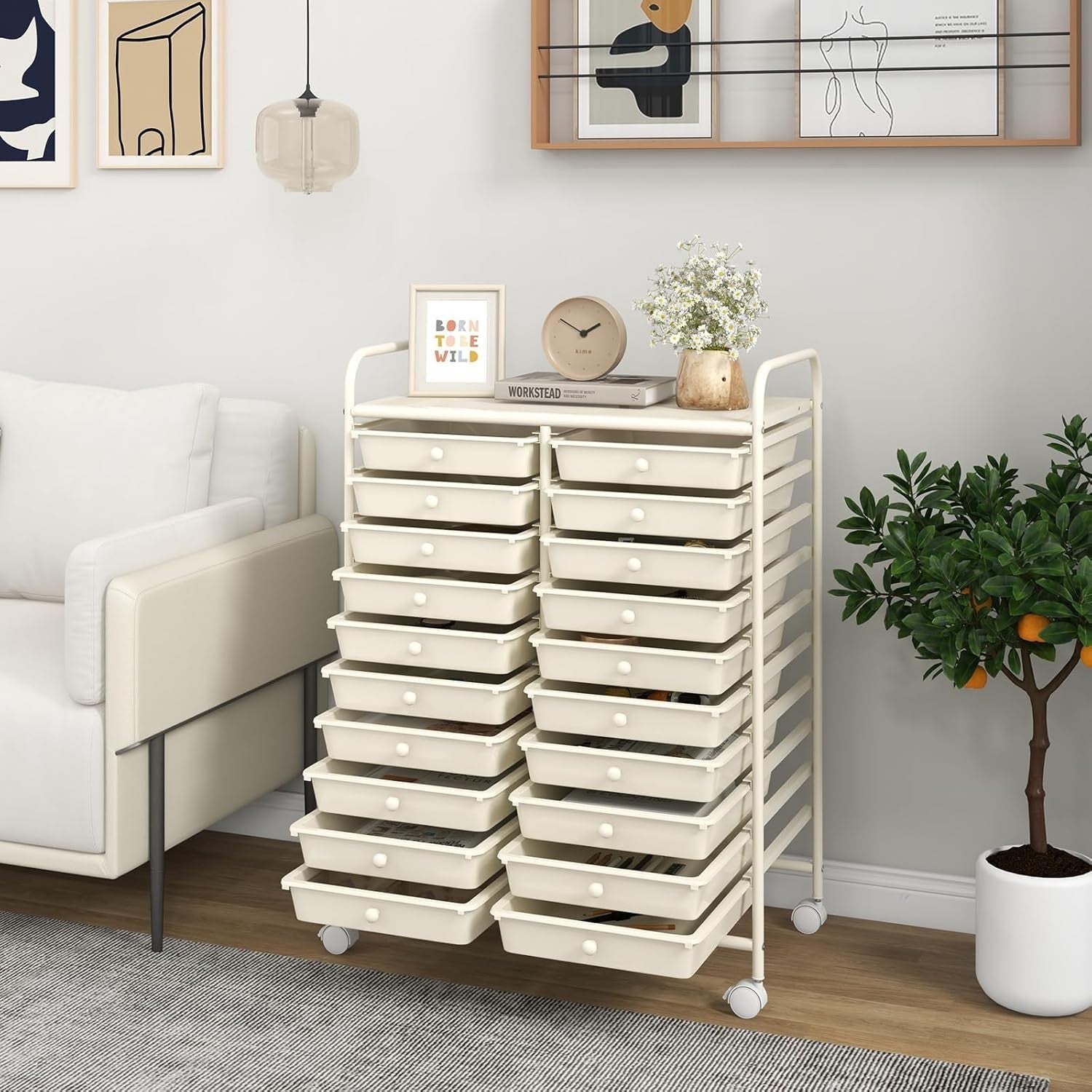20 Drawer Rolling Storage Trolley Mobile Utility Organizer Cart White