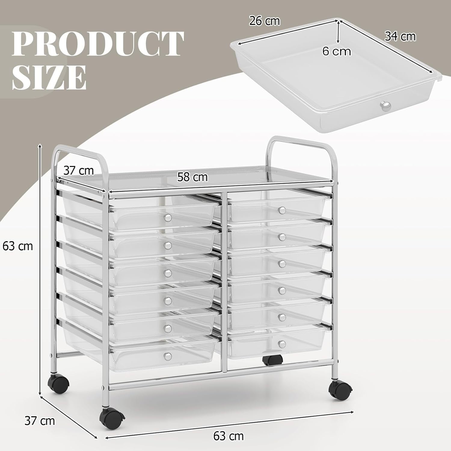 12 Drawer Rolling Storage Cart Clear Utility Trolley Lockable Wheels