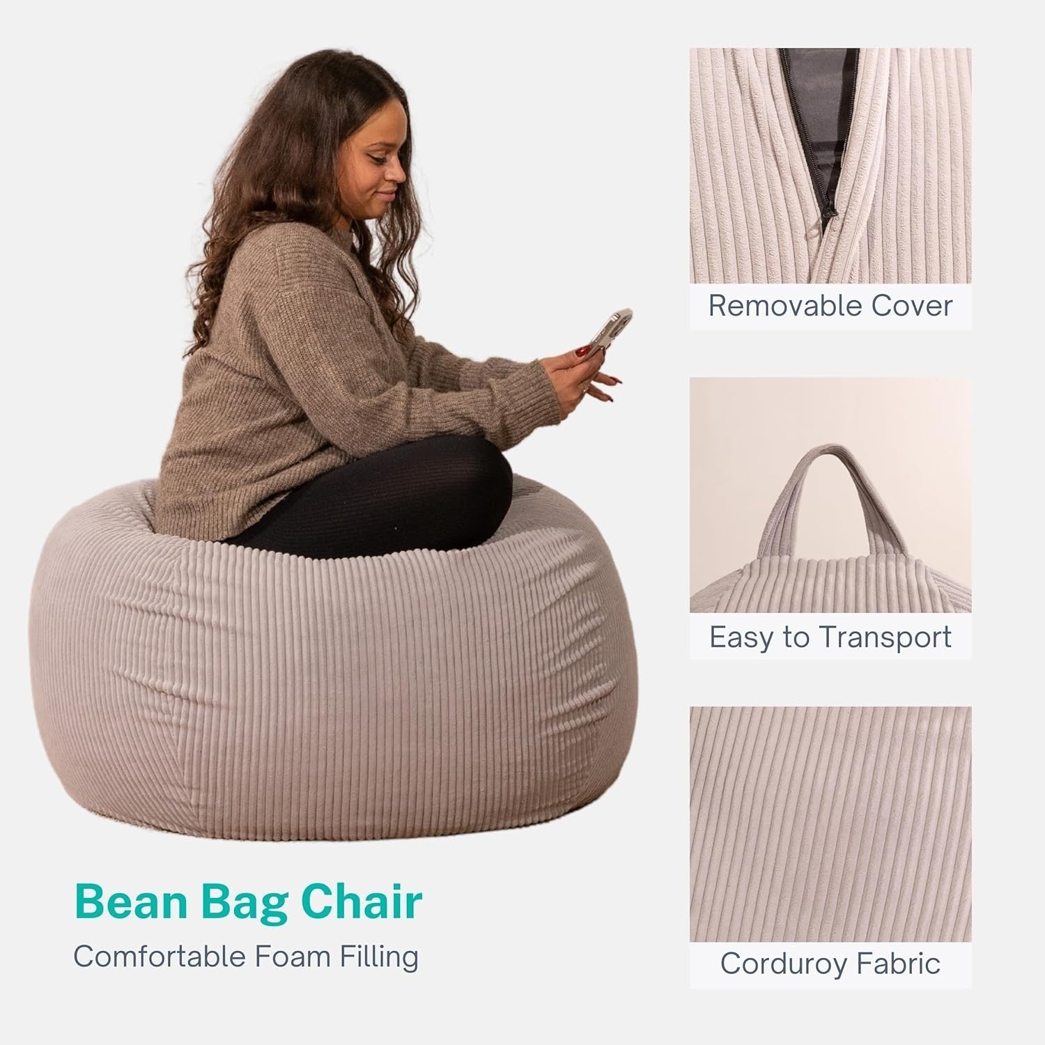 Soft Corduroy Bean Bag Chair for Adults & Kids – Washable, Portable, Cozy