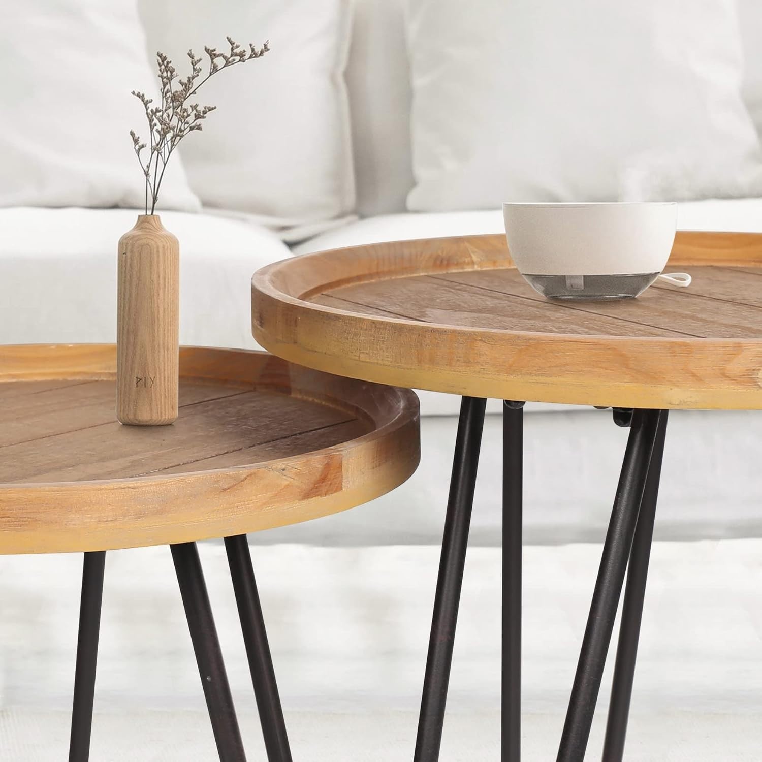 Round Wood Nesting Coffee Table Set of 2 End Side Tables Metal Frame Natural