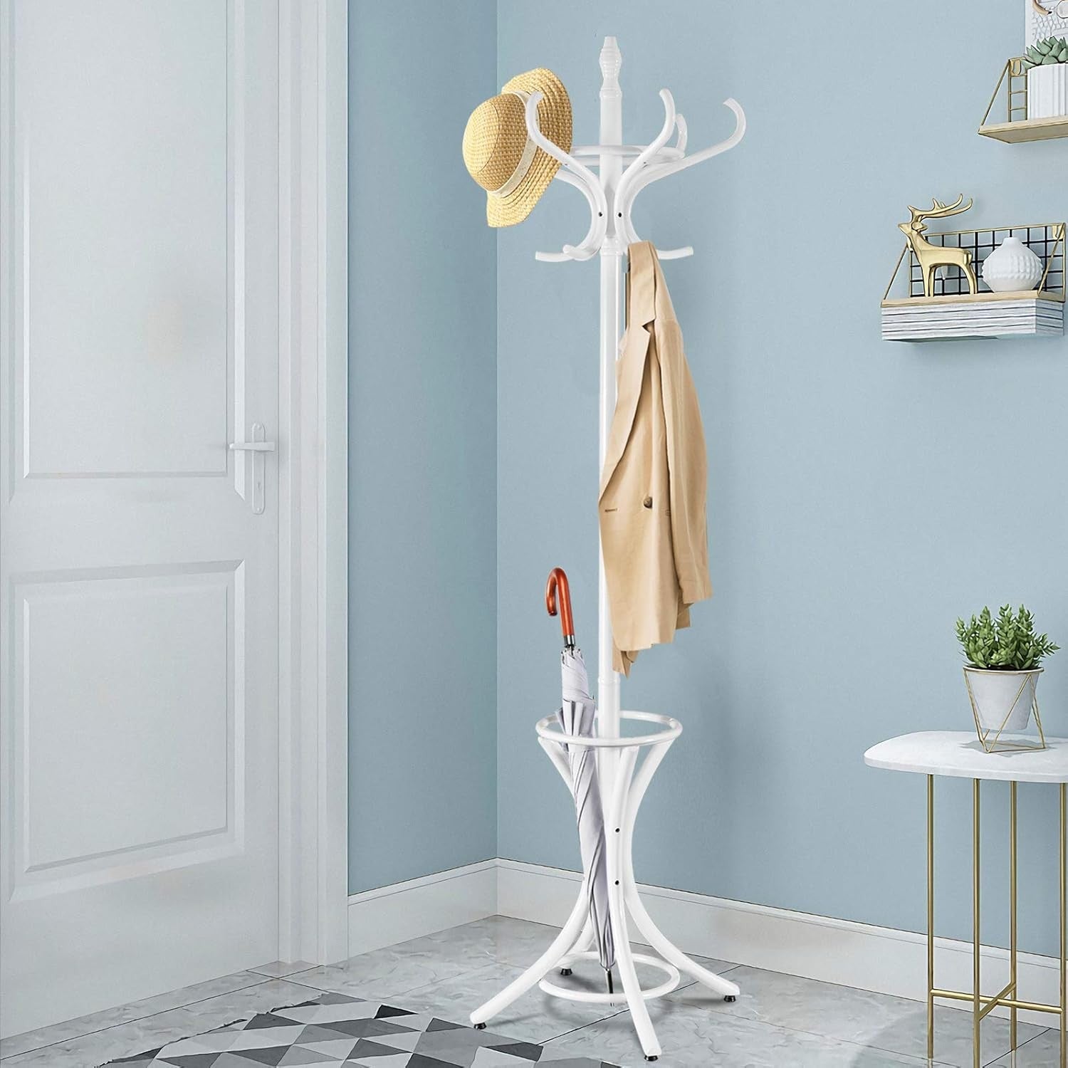 White Solid Wood Coat Rack with 12 Hooks & Umbrella Holder | Freestanding Hall