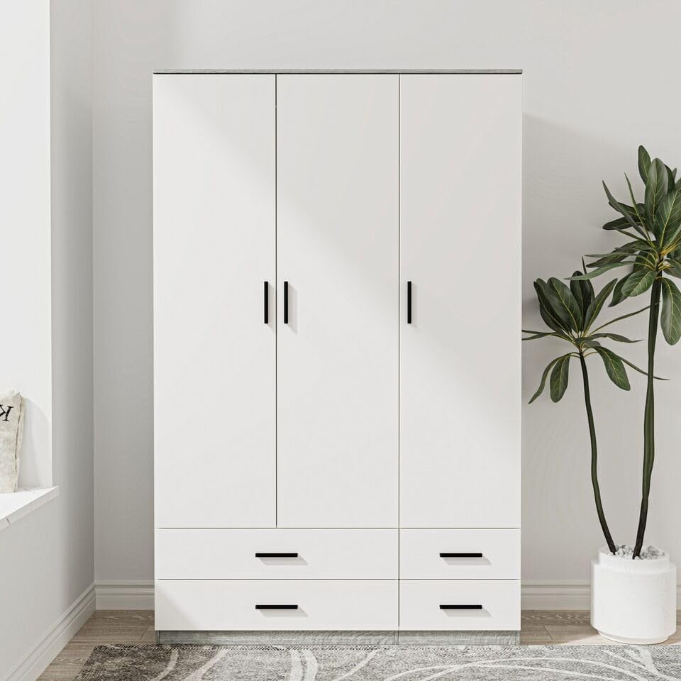 3 Door 4 Drawer Wardrobe Hanging Rail Storage Ash Grey & White Bedroom