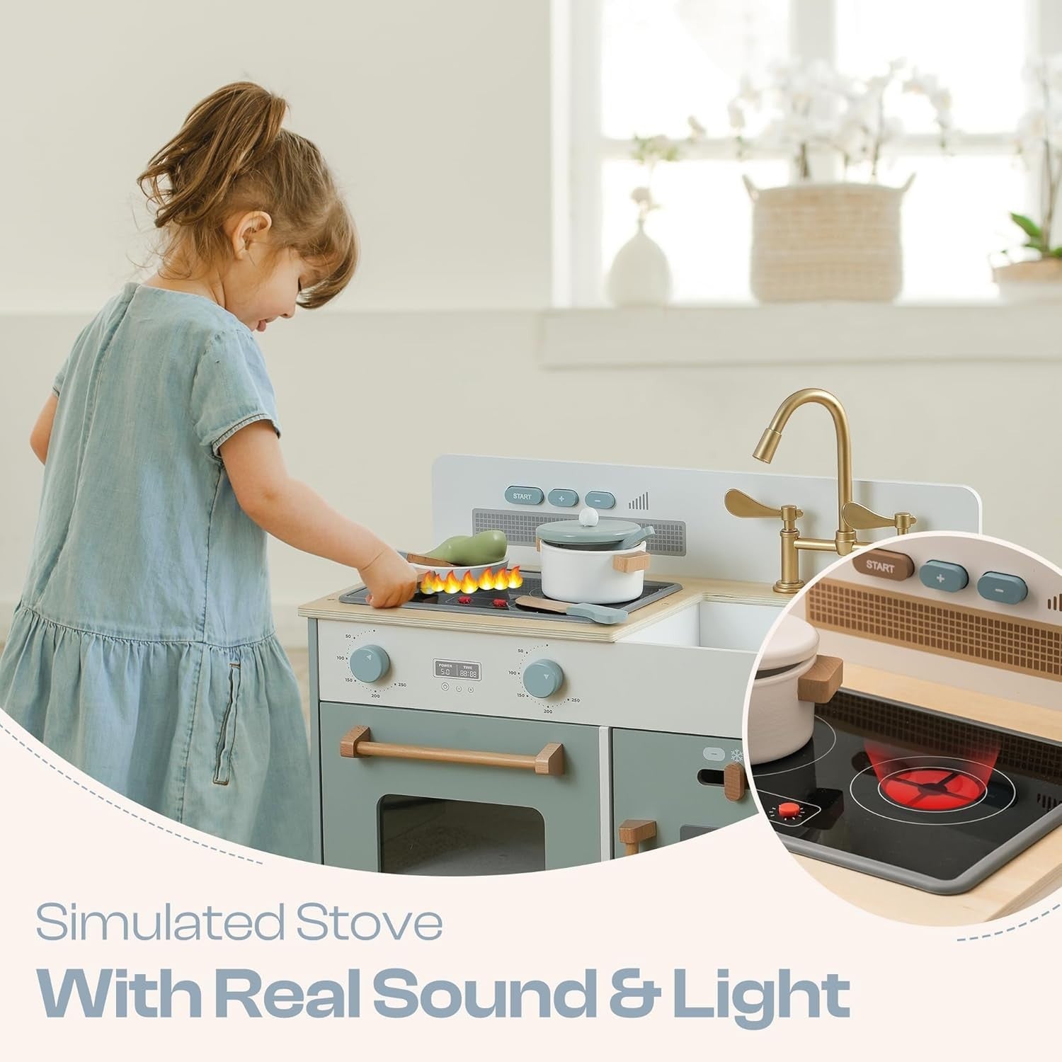 Montessori Wooden Kids Play Kitchen w/ Lights Sounds Ice Blue
