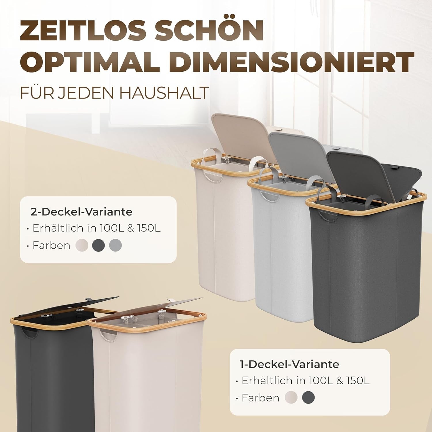 150L Foldable Laundry Hamper With Lid Large Bamboo Dark Grey Basket 2 Sections