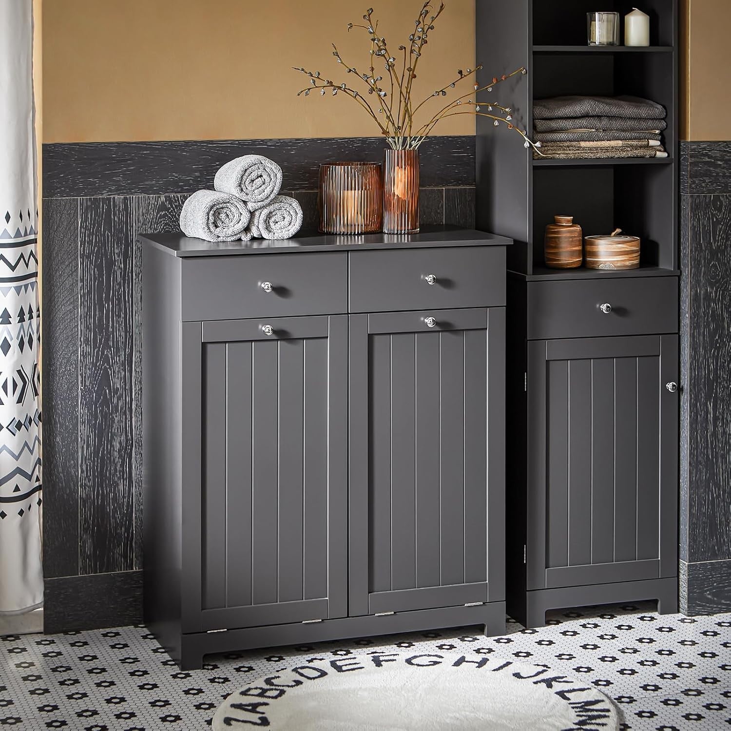 Bathroom Laundry Cabinet Storage Unit with Drawers & Baskets Grey MDF