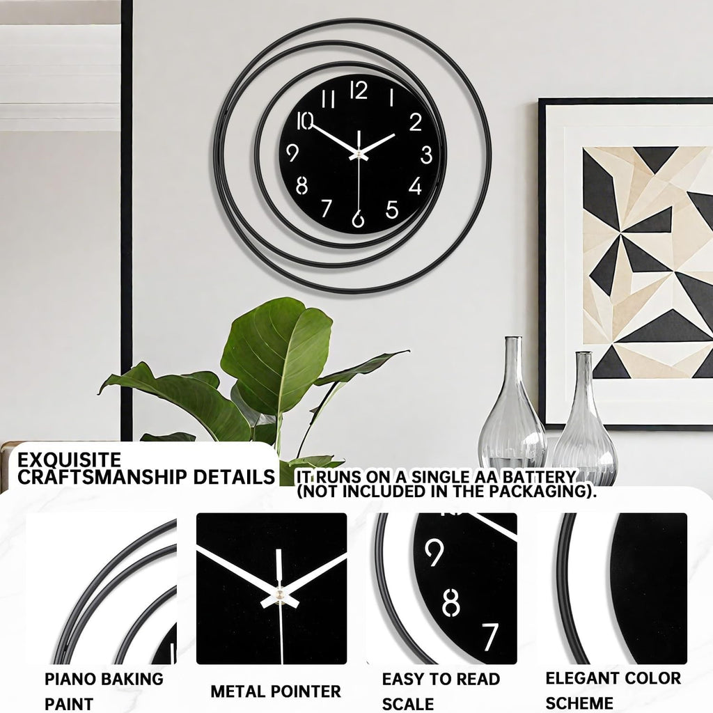 Black Modern Wall Clock 40cm Silent Quartz Large Decorative Home Kitchen