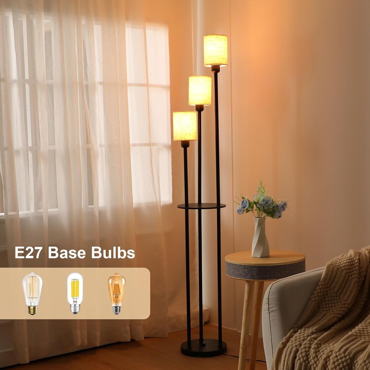 Industrial 3-Light Floor Lamp with Linen Shade, Shelves & Foot Switch