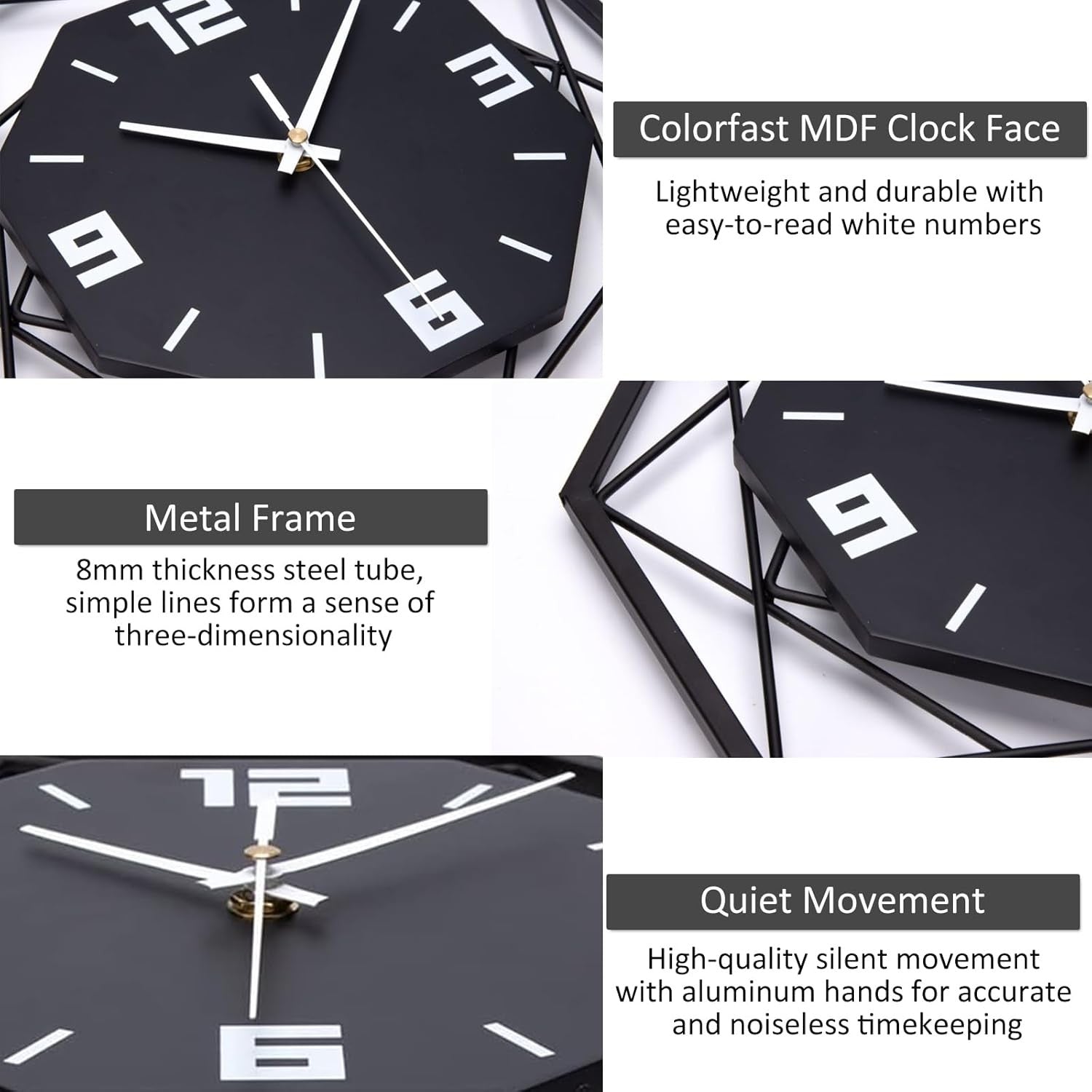 Modern Metal Wall Clock 30cm Silent Non-Ticking Geometric Black Home Decor