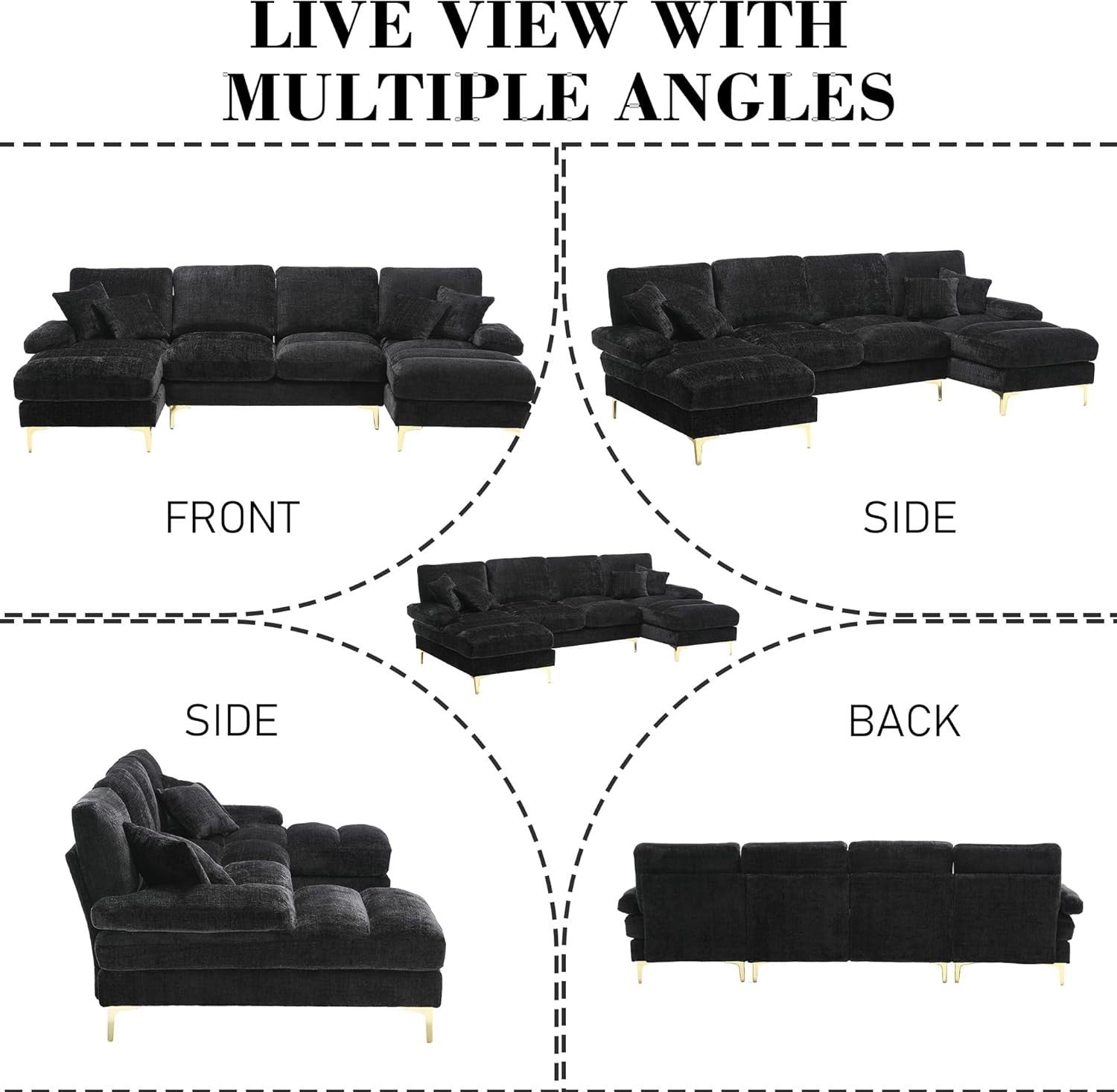 4 Seater U-Shaped Sofa Black Chenille Sectional with 2 Chaise Lounges