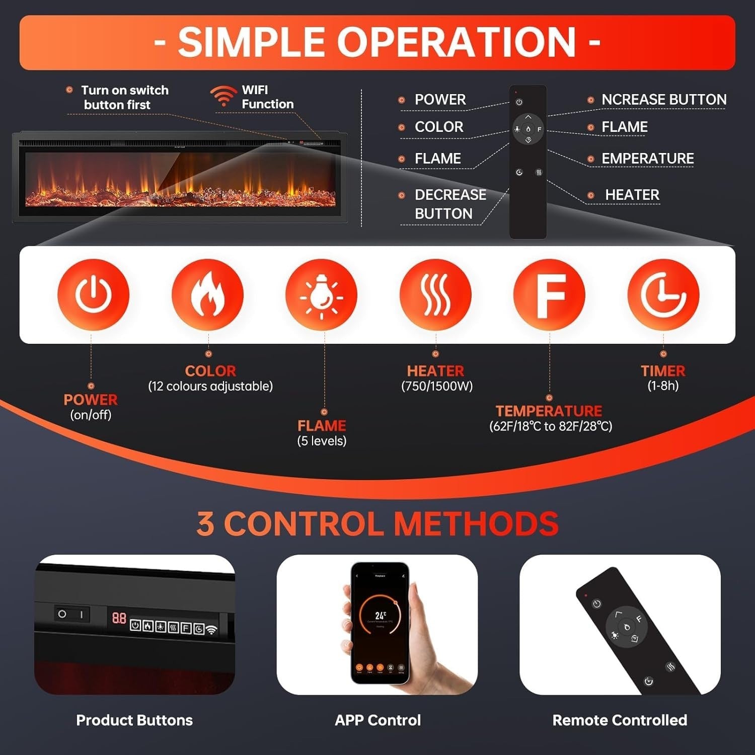 50" Electric Wall Fireplace Recessed Heater LED Log Flame Remote WiFi