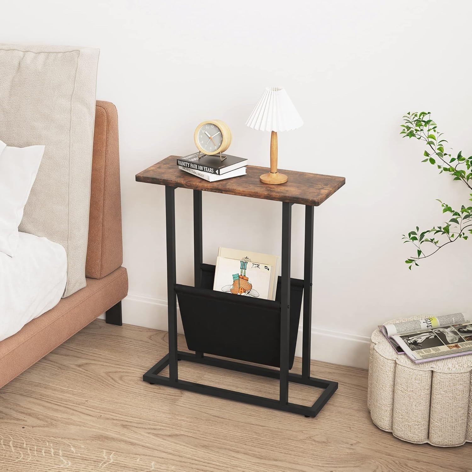 Narrow Side Table with Storage Bag Slim Sofa Bedside Table Small Space 18x45x54