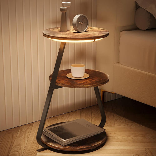 Round Side Table with LED Lights & 3 Tiers – End Bedside Coffee Table