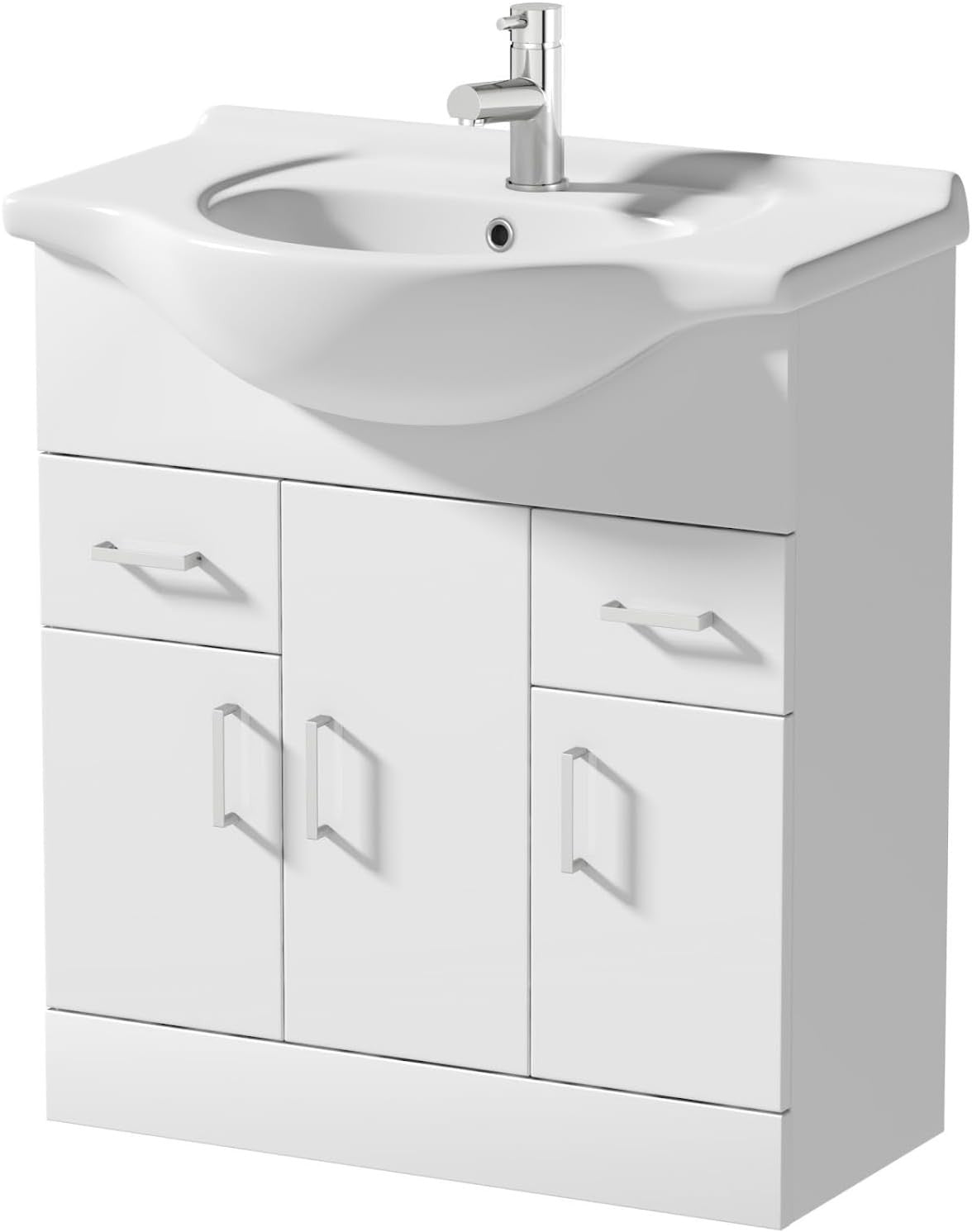 750mm White Gloss Vanity Sink Unit – Bathroom Basin Cabinet with Doors & Drawers