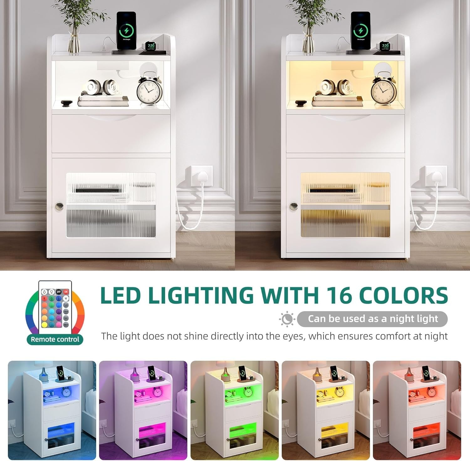 White LED Bedside Table with Charging Station, Drawer Storage & Shelf
