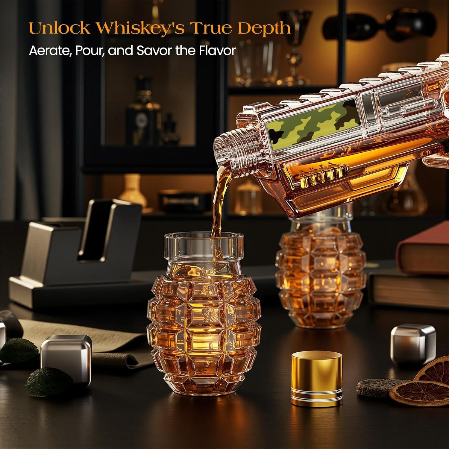 Camouflage Gun Whiskey Decanter Set with Grenade Shot Glasses & Stand 380ml