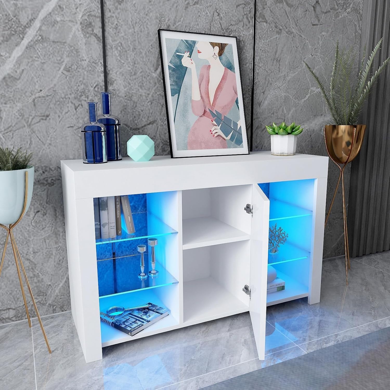 White Gloss Sideboard with Grey Glass Doors & LED Lights | Modern Storage Unit