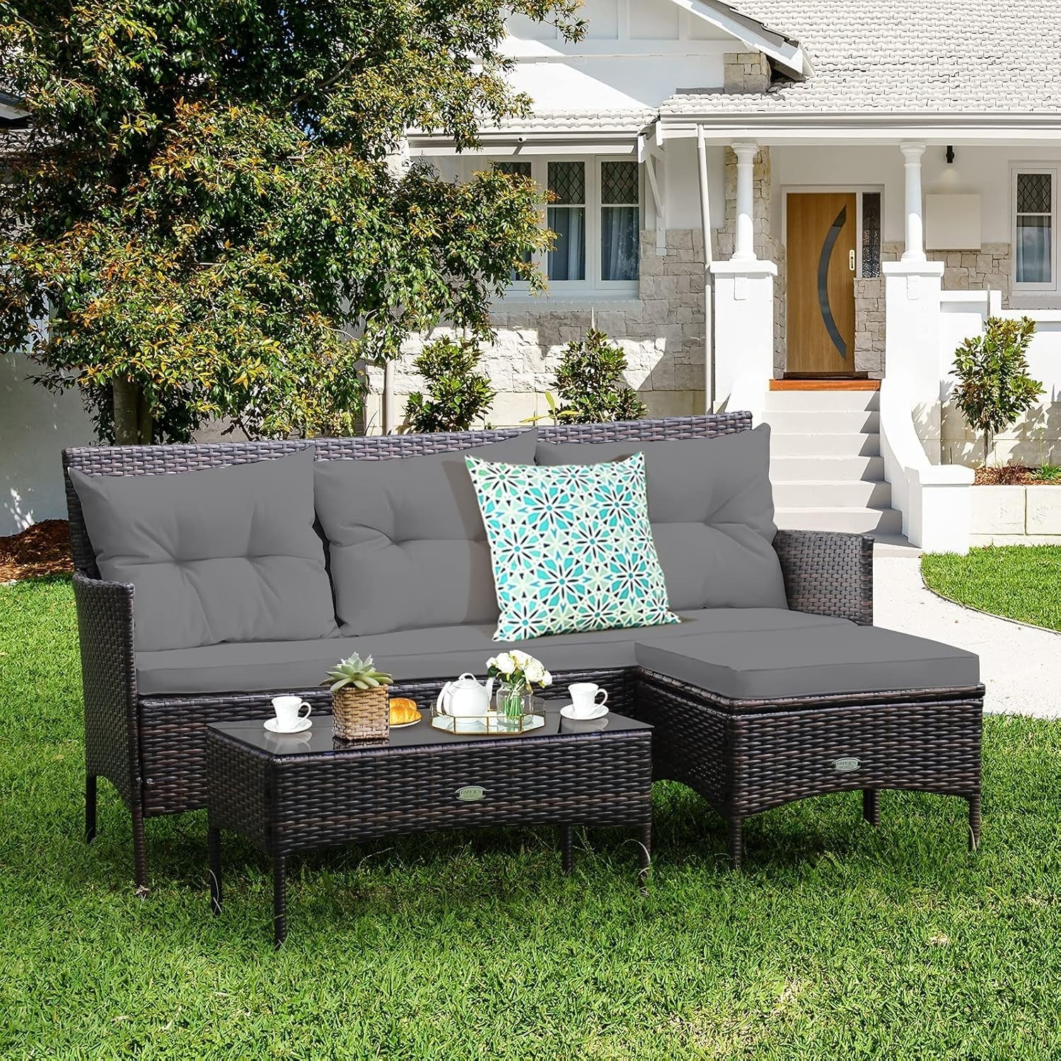 Corner Rattan Garden Sofa Set 4 Seater Patio Lounge Table Stool Cushions