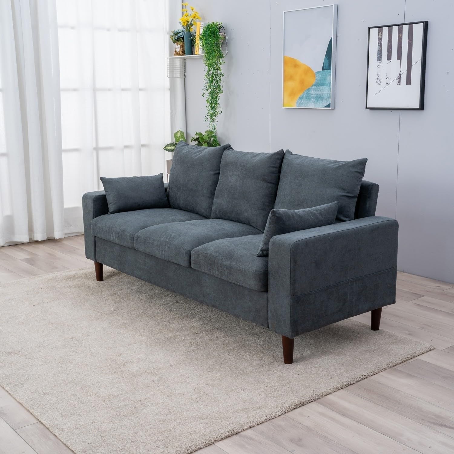 3 Seater Grey Fabric Sofa Upholstered Modern Couch for Living Room Flat