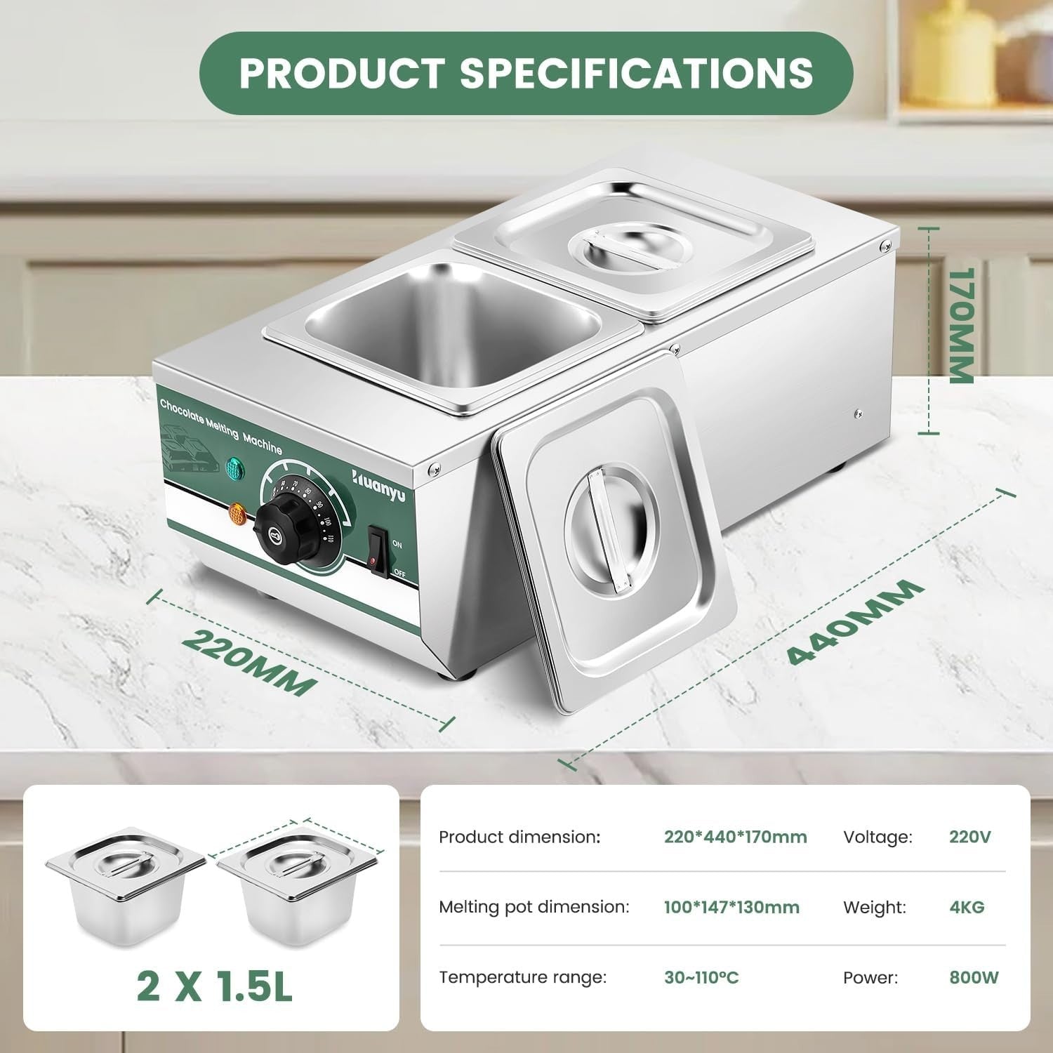 600W Commercial Chocolate Tempering Machine 2 Pot 1.6L Melter