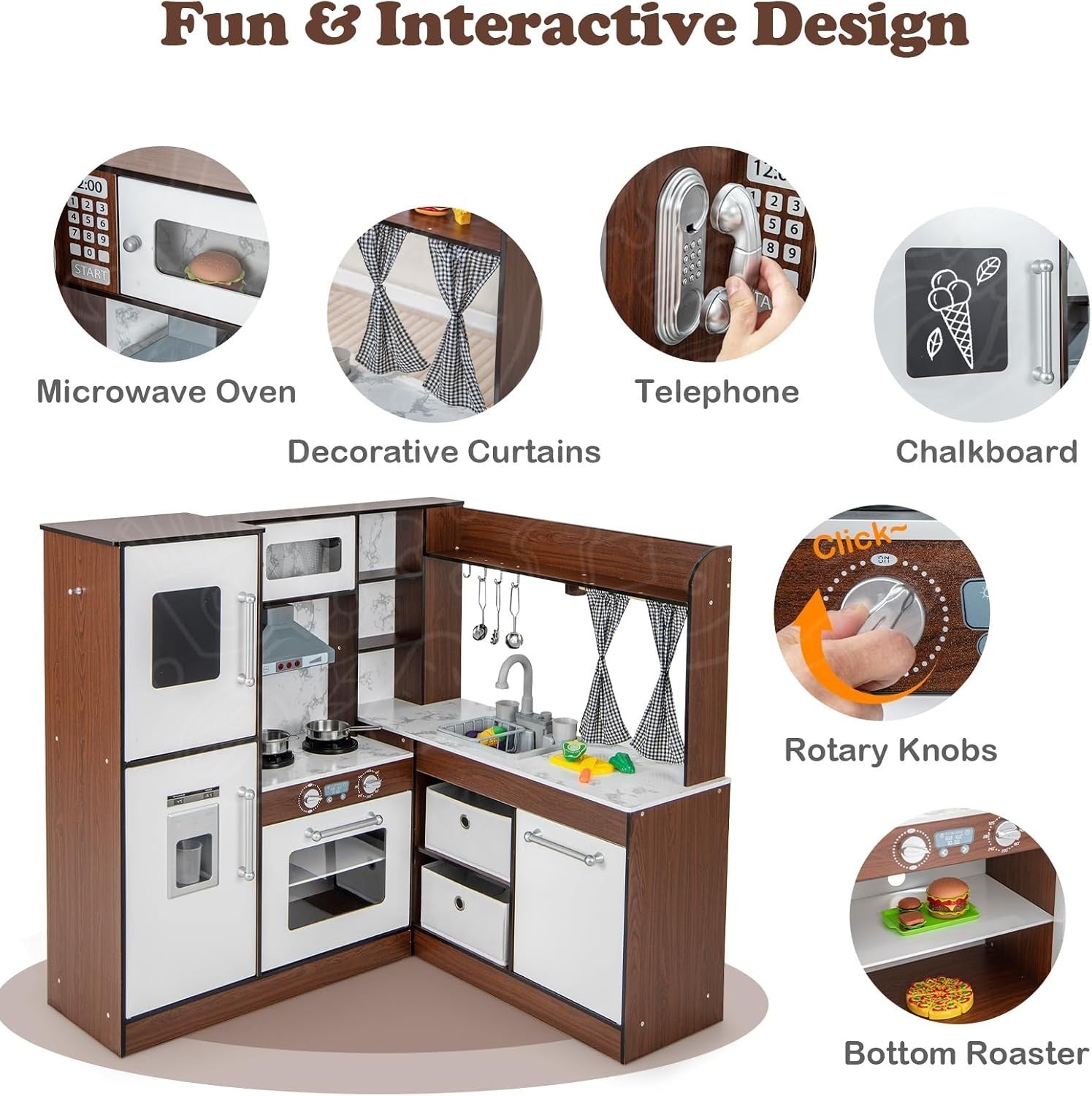 Kids Corner Play Kitchen Lights Sounds Ice Maker Water Sink Brown