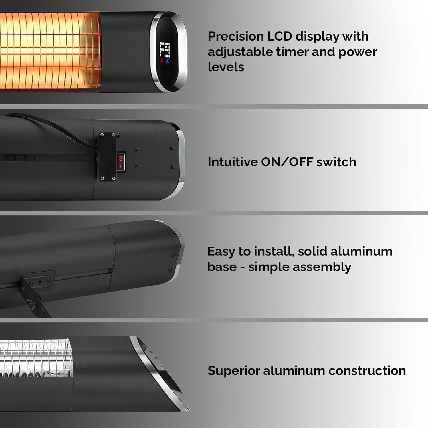Wall Mounted Infrared Patio Heater 2000W Remote Control 9 Heat Levels Outdoor