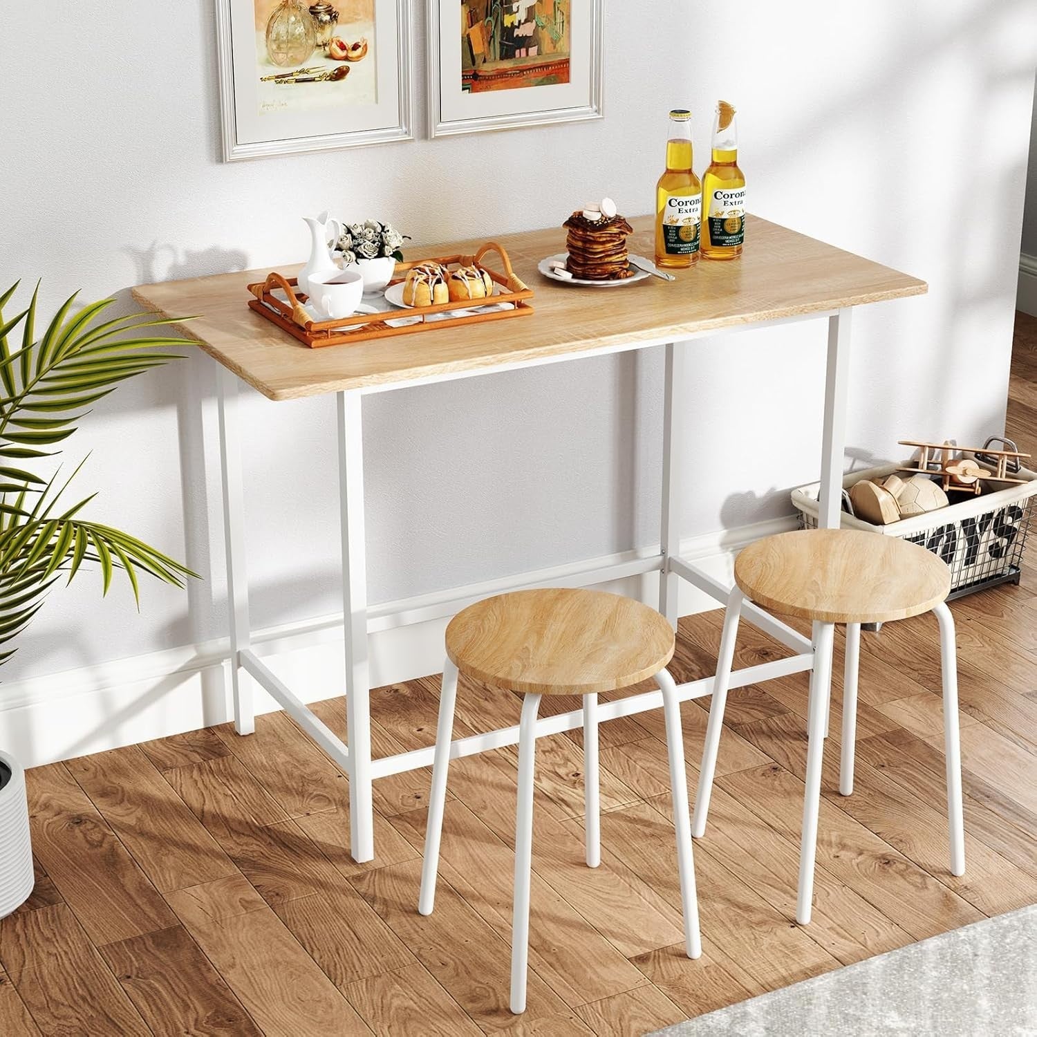 3-Piece Dining Bar Table Set with 2 Stools Wooden Top Metal Frame White Home