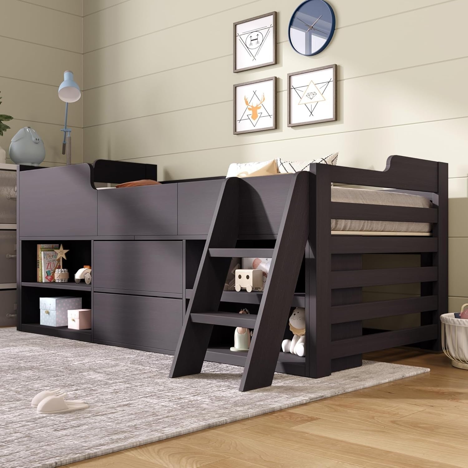 Kids Cabin Bed 3FT with Storage Drawers, Shelves & Ladder - Taupe Wood