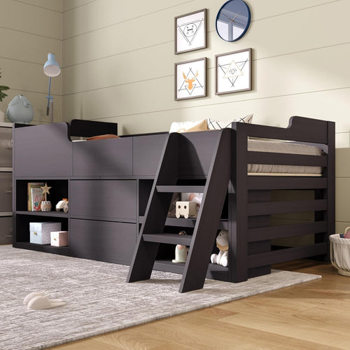 Kids Cabin Bed 3FT with Storage Drawers, Shelves & Ladder - Taupe Wood