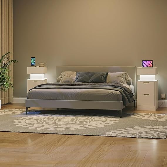 Slim LED Bedside Table  Charging Station, 2 Drawers, Modern White Nightstand