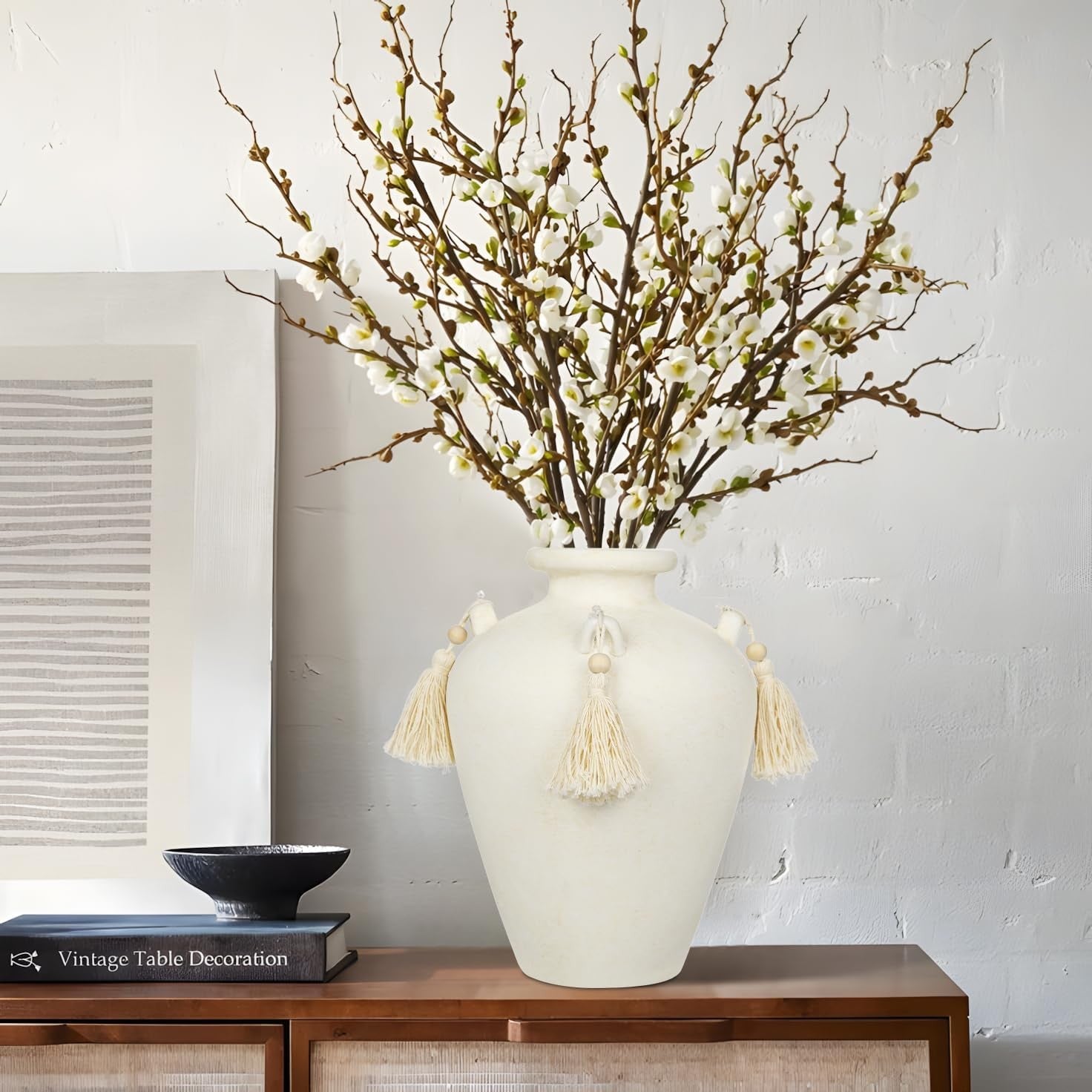 Beige Ceramic Vase with Tassels Boho Pampas Grass Rustic Home Decor 24cm